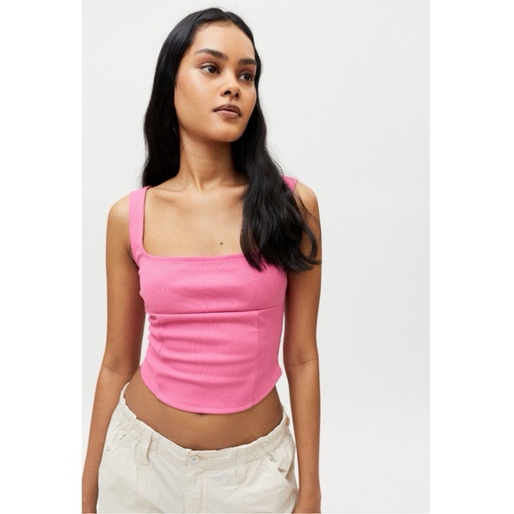 Urban Outfitters Uo Daphne Tank Crop Top Pink Square Neck Ribbed Rayon Size M